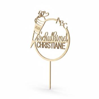 Holz‑Caketopper aus 3 mm Birkensperrholz mit Schriftzug „Endlich Schulkind“ und Schultüte